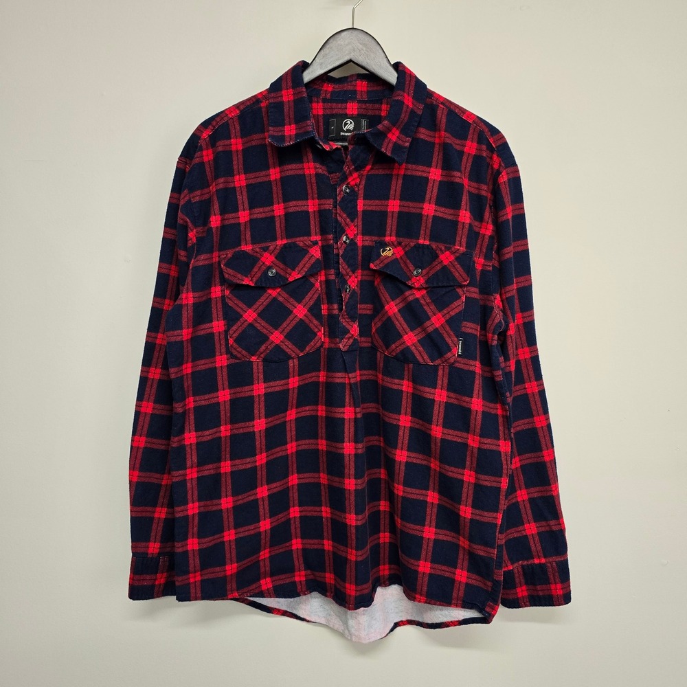Swanndri Flannel Shirt Mens Large Red Navy Plaid Pullover Rugged Outdoors